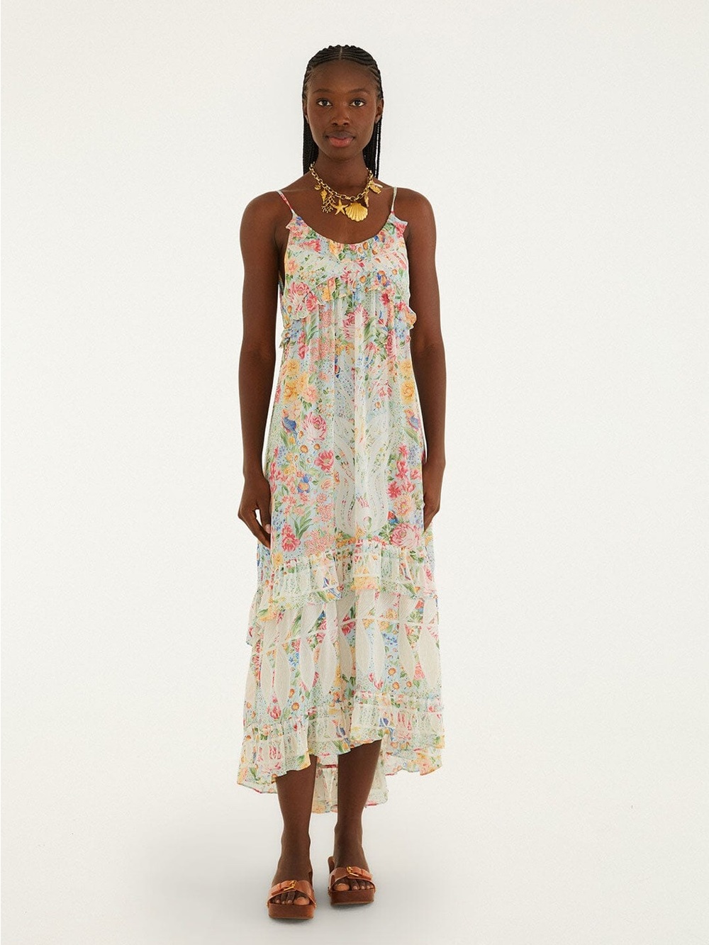 NWT FARM Rio Multicolor Rendeira Ruffled Sleeveless Maxi Dress - Picture 10 of 13